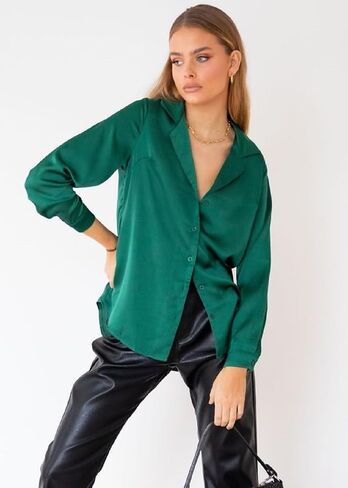 Chigant Womens Satin Silk Blouses Button Down Long Sleeve Shirt V Neck Tops in Saudi Arabia