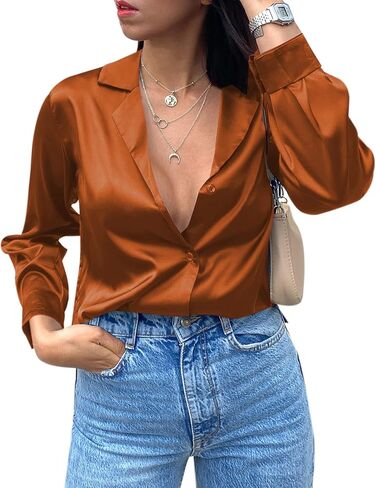 Chigant Womens Satin Silk Blouses Button Down Long Sleeve Shirt V Neck Tops in Saudi Arabia