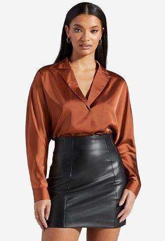 Chigant Womens Satin Silk Blouses Button Down Long Sleeve Shirt V Neck Tops in Saudi Arabia