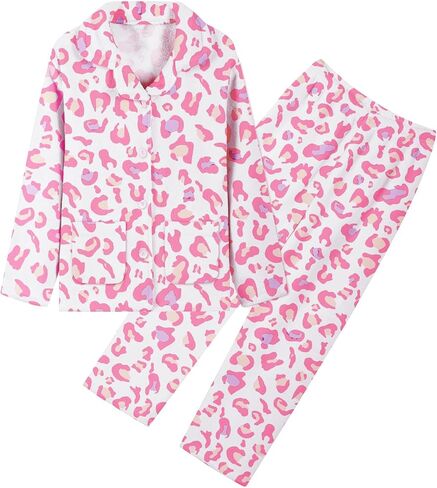 Umeyda Girls Fleece Pajamas Long Sleeve Flannel Button Down Sleepwear Kids Soft Fuzzy 2 Pieces Pjs Loungewear Sets in Kuwait