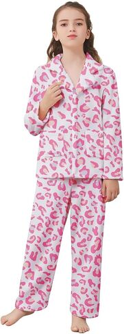 Umeyda Girls Fleece Pajamas Long Sleeve Flannel Button Down Sleepwear Kids Soft Fuzzy 2 Pieces Pjs Loungewear Sets in Kuwait