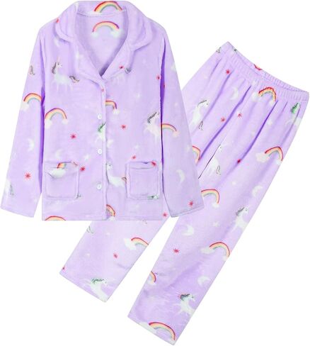 Umeyda Girls Fleece Pajamas Long Sleeve Flannel Button Down Sleepwear Kids Soft Fuzzy 2 Pieces Pjs Loungewear Sets in Kuwait