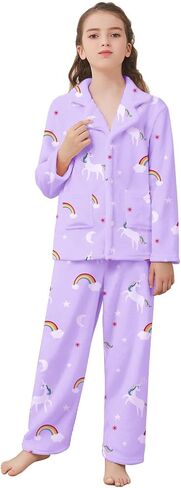 Umeyda Girls Fleece Pajamas Long Sleeve Flannel Button Down Sleepwear Kids Soft Fuzzy 2 Pieces Pjs Loungewear Sets in Kuwait