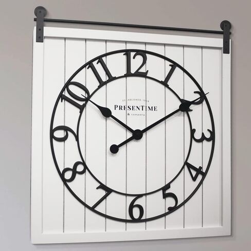 ساعة باب المزرعة من Presenttime & Co، نمط Shiplap، لون أبيض كريمي، صامت بدون تكتكة، أرقام عربية ثلاثية الأبعاد، 23 بوصة ارتفاع × 21 بوصة عرض. ديكور المنزل/ديكور الحائط/ديكور المزرعة. in Saudi Arabia