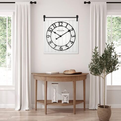 ساعة باب المزرعة من Presenttime & Co، نمط Shiplap، لون أبيض كريمي، صامت بدون تكتكة، أرقام عربية ثلاثية الأبعاد، 23 بوصة ارتفاع × 21 بوصة عرض. ديكور المنزل/ديكور الحائط/ديكور المزرعة. in Saudi Arabia