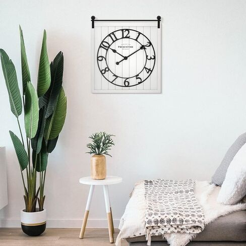 ساعة باب المزرعة من Presenttime & Co، نمط Shiplap، لون أبيض كريمي، صامت بدون تكتكة، أرقام عربية ثلاثية الأبعاد، 23 بوصة ارتفاع × 21 بوصة عرض. ديكور المنزل/ديكور الحائط/ديكور المزرعة. in Saudi Arabia