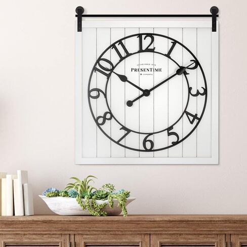 ساعة باب المزرعة من Presenttime & Co، نمط Shiplap، لون أبيض كريمي، صامت بدون تكتكة، أرقام عربية ثلاثية الأبعاد، 23 بوصة ارتفاع × 21 بوصة عرض. ديكور المنزل/ديكور الحائط/ديكور المزرعة. in Saudi Arabia