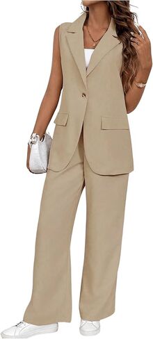 GORGLITTER Women's 2 Piece Outfits Sleeveless Business Casual Blazer Vest Elastic Waist Pants Set in Saudi Arabia