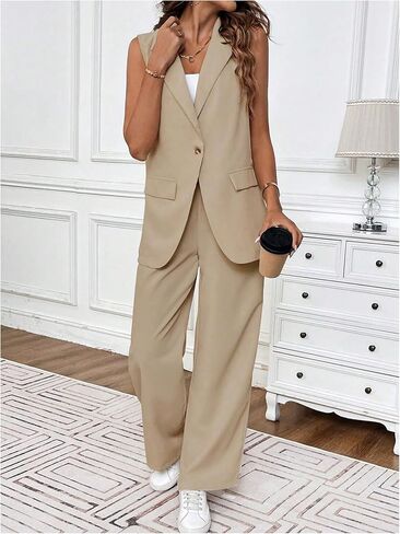 GORGLITTER Women's 2 Piece Outfits Sleeveless Business Casual Blazer Vest Elastic Waist Pants Set in Saudi Arabia