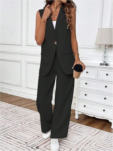 GORGLITTER Women's 2 Piece Outfits Sleeveless Business Casual Blazer Vest Elastic Waist Pants Set in Saudi Arabia