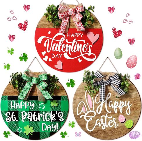 Pickmesh 3 Pcs Valentine's Day Wooden Door Sign Welcome Sign Set Easter Door Wreaths Decor Sign St. Patrick's Day Shamrock Door Hanger Outdoor House Decorations for Front Porch Outdoor(Round Style) in Saudi Arabia