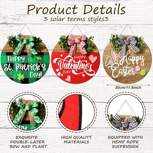 Pickmesh 3 Pcs Valentine's Day Wooden Door Sign Welcome Sign Set Easter Door Wreaths Decor Sign St. Patrick's Day Shamrock Door Hanger Outdoor House Decorations for Front Porch Outdoor(Round Style) in Saudi Arabia