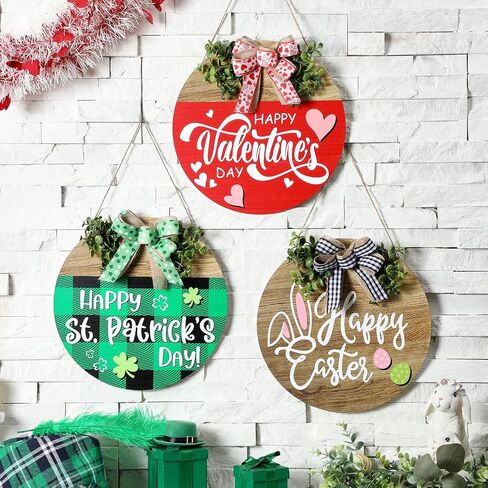 Pickmesh 3 Pcs Valentine's Day Wooden Door Sign Welcome Sign Set Easter Door Wreaths Decor Sign St. Patrick's Day Shamrock Door Hanger Outdoor House Decorations for Front Porch Outdoor(Round Style) in Saudi Arabia