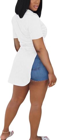 qfmqkpi Women Sexy V Neck Side Slit Collared Blouse Button Down Short Sleeve Long Shirts Tops in Kuwait