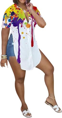 qfmqkpi Women Sexy V Neck Side Slit Collared Blouse Button Down Short Sleeve Long Shirts Tops in Kuwait