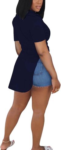 qfmqkpi Women Sexy V Neck Side Slit Collared Blouse Button Down Short Sleeve Long Shirts Tops in Kuwait