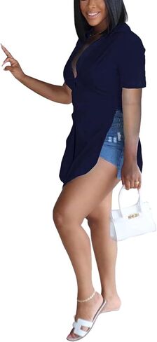 qfmqkpi Women Sexy V Neck Side Slit Collared Blouse Button Down Short Sleeve Long Shirts Tops in Kuwait