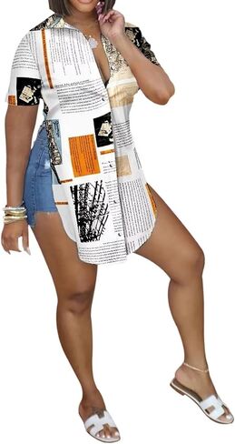 qfmqkpi Women Sexy V Neck Side Slit Collared Blouse Button Down Short Sleeve Long Shirts Tops in Kuwait