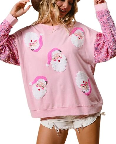 UAURORAO Christmas Sequins Sweatshirts Women Glitter Patch Crewneck Pullover Tops Sparkly Printed Xmas Long Sleeve Shirt in Kuwait