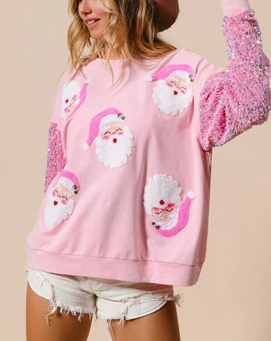 UAURORAO Christmas Sequins Sweatshirts Women Glitter Patch Crewneck Pullover Tops Sparkly Printed Xmas Long Sleeve Shirt in Kuwait