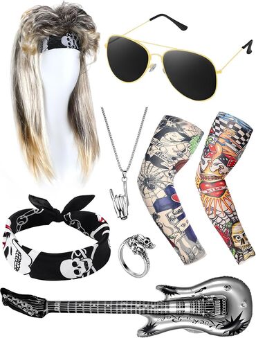 9 Pcs Halloween 80s Rocker Costume Set Rock Wig Fabric Headband Tattoo Sleeve Gloves Cuff Glasses Inflatable Guitar (Cool) in Saudi Arabia