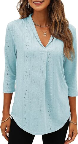 Miselon Womens Tunic Tops 3/4 Sleeve Eyelet V Neck Loose Fit Casual Shirts Purple L in Saudi Arabia