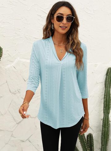 Miselon Womens Tunic Tops 3/4 Sleeve Eyelet V Neck Loose Fit Casual Shirts Purple L in Saudi Arabia