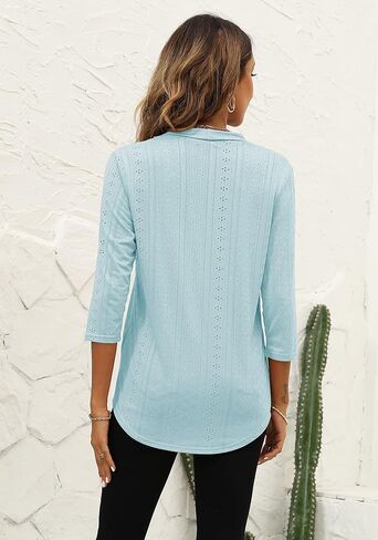 Miselon Womens Tunic Tops 3/4 Sleeve Eyelet V Neck Loose Fit Casual Shirts Purple L in Saudi Arabia