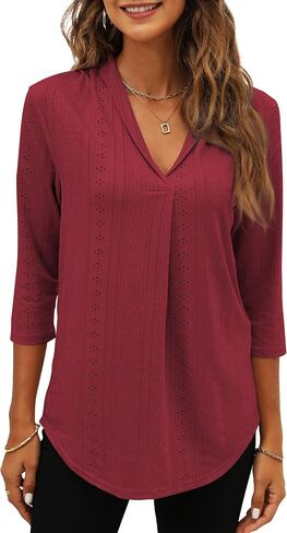 Miselon Womens Tunic Tops 3/4 Sleeve Eyelet V Neck Loose Fit Casual Shirts Purple L in Saudi Arabia