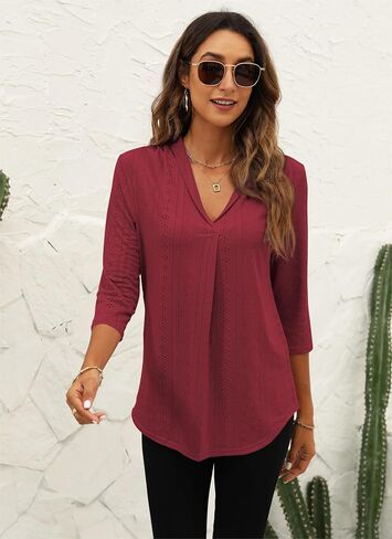 Miselon Womens Tunic Tops 3/4 Sleeve Eyelet V Neck Loose Fit Casual Shirts Purple L in Saudi Arabia