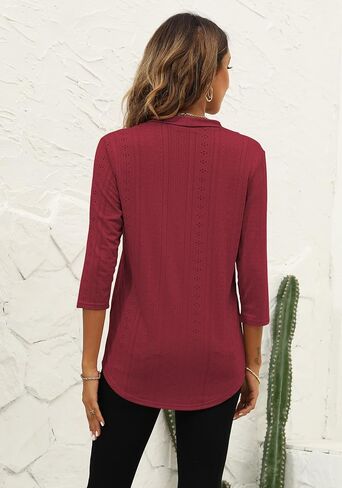 Miselon Womens Tunic Tops 3/4 Sleeve Eyelet V Neck Loose Fit Casual Shirts Purple L in Saudi Arabia