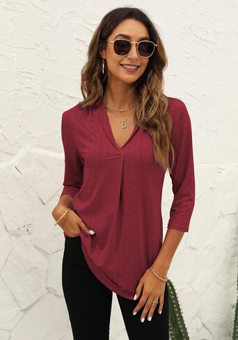 Miselon Womens Tunic Tops 3/4 Sleeve Eyelet V Neck Loose Fit Casual Shirts Purple L in Saudi Arabia