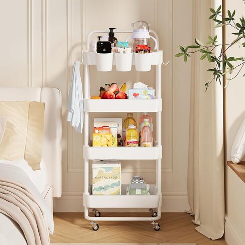 Buzowruil 4-Tier Rolling Utility Cart, Storage Cart with Handle Multi-Purpose and Locking Wheels,with Hanging Basket and Hook for Office, Kitchen, Bathroom,White in Saudi Arabia