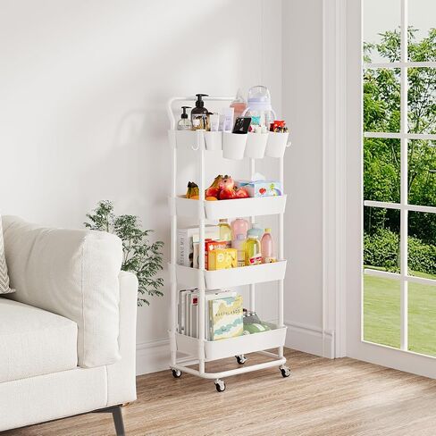 Buzowruil 4-Tier Rolling Utility Cart, Storage Cart with Handle Multi-Purpose and Locking Wheels,with Hanging Basket and Hook for Office, Kitchen, Bathroom,White in Saudi Arabia