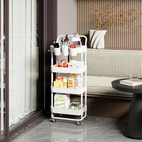 Buzowruil 4-Tier Rolling Utility Cart, Storage Cart with Handle Multi-Purpose and Locking Wheels,with Hanging Basket and Hook for Office, Kitchen, Bathroom,White in Saudi Arabia