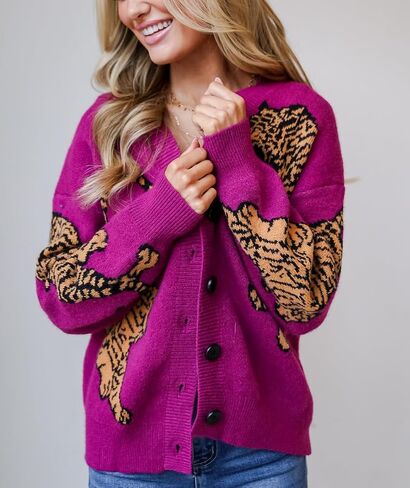 سترة صوفية نسائية بطبعة نمر وأكمام طويلة وأزرار سفلية، سترة صوفية فضفاضة وجذابة ملابس خريفية لطيفة in Saudi Arabia