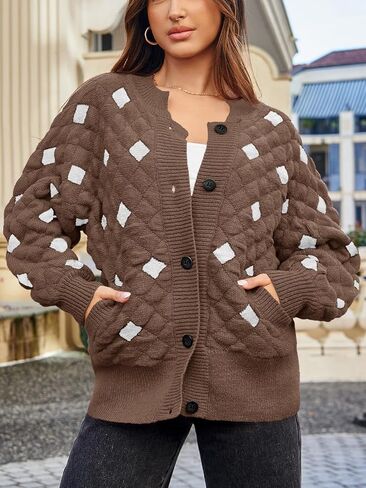 Saodimallsu Womens Chunky Cardigans Button Down Long Sleeve Open Front Plaid Knit Loose Fall Sweater Coats in Kuwait