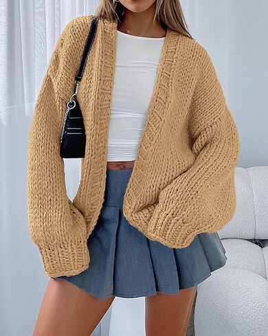 سترة نسائية كبيرة الحجم من Dowerme كاجوال بأكمام طويلة مفتوحة من الأمام وكتف منسدل وسترات خريفية لطيفة ملابس خارجية منسوجة مكتنزة in Kuwait