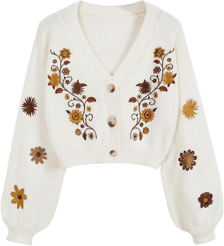 Women's Floral Embroidery Hippie Crop Cardigan Sweater Cottagecore Button Down V Neck Long Sleeve Sweater Knit Top in Kuwait