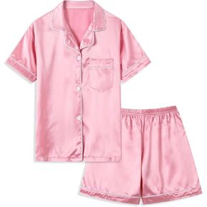 طقم بيجامة مكون من قطعتين من بلوزة حريرية وسروال قصير ملابس نوم للفتيات للنساء والفتيات in Kuwait