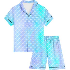 Kids Girls Pajama Set Silky PJS Button-Down Sleepwear Nightwear Loungewear Clothes Set Gifts