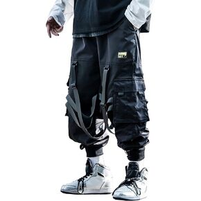 MOKEWEN Men's Multi Straps Cargo Pockets Streetwear Jogger Ankle Ninth Pants with Elastic Waist Drawstring