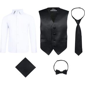 S.H. Churchill & Co. Boys Black 5 Piece Vest Set with White Dress Shirt - Includes Bow Tie, Long Tie, Pocket Hanky - Size 8