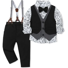 SANMIO Boys Suits Toddler Formal Dresswear Boy Wedding Easter Outfits Shirt+Layered Vest+Bowtie+Straps+Pants 5Pcs Sets