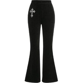 Floerns Girl's Cross Print Rhinestone Flare Leg Pants Elastic Waist Velvet Long Pants