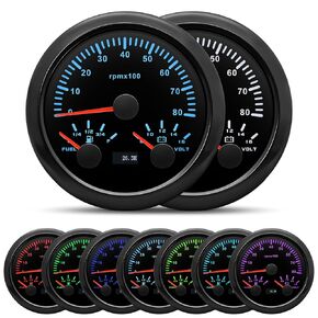 ARTILAURA 3in1 Gauge Tachometer+ Fuel Gauge(Adjust 240-33ohms, 0-90ohms, 0-190ohms, 10-180ohms) + Voltmeter, 85mm 3-3/8" Boat RPM Gauge 6000 RPM 7 Color Waterproof for Boat Outboard Marine Car Auto