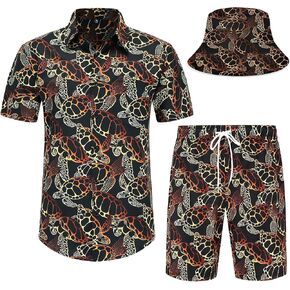 Mens Hawaiian Shirts and Shorts Set 2 Pieces Beach Outfits Sets with Bucket Hats
