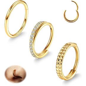 3Pcs Gold Nose Rings Hoops Surgical Steel Piercing Jewelry Clicker for Nostril Septum Cartilage Earring Conch Helix Daith Tragus Lip Hinged Segment for Women 18G 8mm