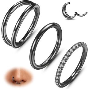 ONESING 3Pcs Nose Rings Hoops 16G 18G 20G Hoop Nose rings for Women 316L Surgical Steel Nose Hoops Hinged Cartilage Conch Septum Rings Double Hoop Nose Rings Tragus Earrings Nose Piercing Jewelry 6-12mm