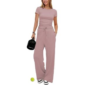 2 Piece Outfits for Women Lounge Wear Sets Short Sleeve High Waisted Tracksuit Casual Workout Sets Streetwear